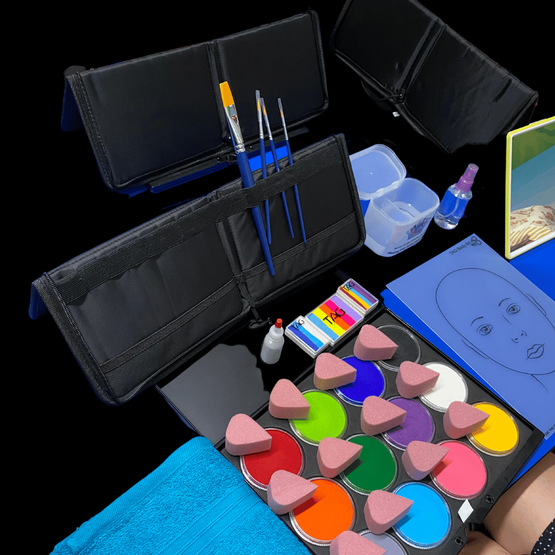 A beautifully arranged face painting kit, featuring a variety of vibrant colours and brushes, ready to unleash endless creativity